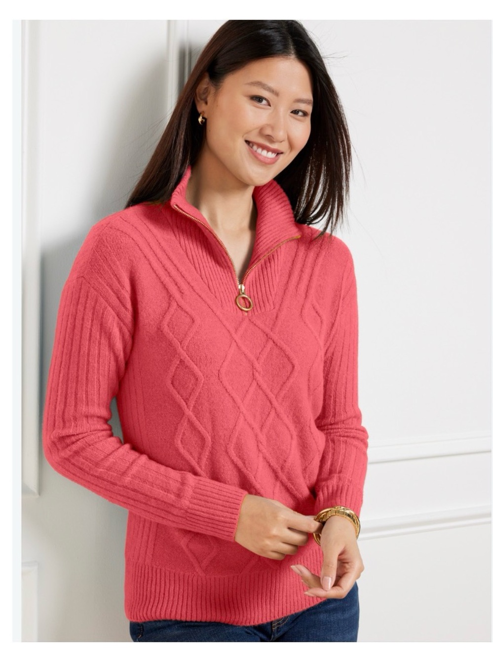 TALBOTS Cable Knit Half-Zip Sweater Pullover Pink Coral MP Petite Long Sleeve